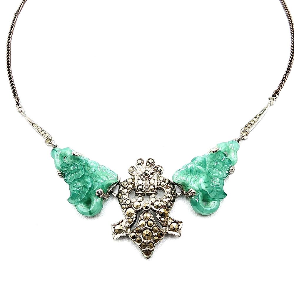 Art Deco Jade Glass Marcasite Necklace Sterling Celadon Green Chinoiserie Floral